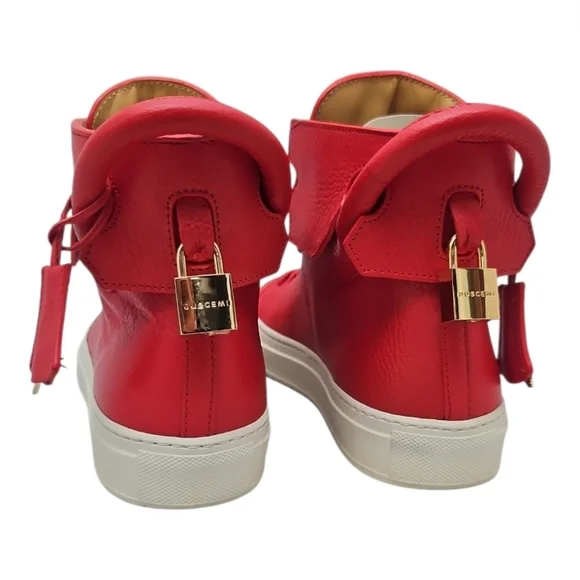 BUSCEMI |125mm Red Leather High-Top Sneakers Gold Lock EU 38 / US 8 NWT - Picture 6 of 11